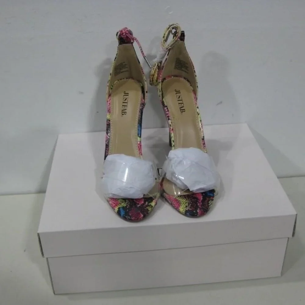 JUSTFAB Jayci Faux Python Snakeskin  Heeled Sandal w/ Ankle strap tie size 5.5